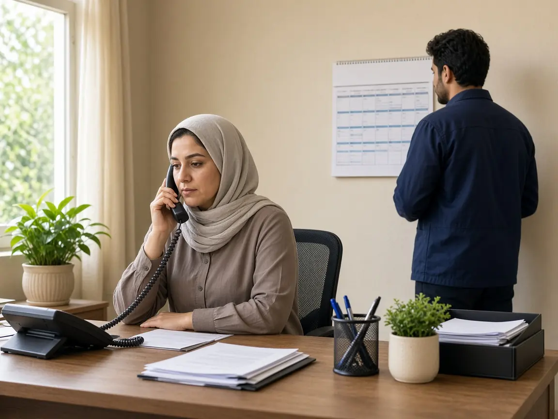 کارشناس یک شرکت خدماتی ایرانی در حال هماهنگی تلفنی، در کنار همکار و تقویم نوبت‌ها